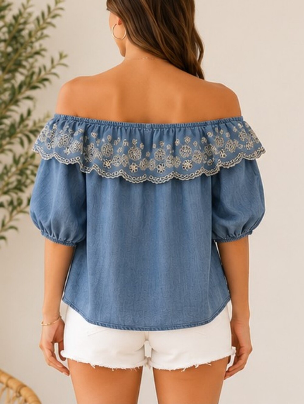 Time and Tru Embroidered Off-Shoulder Chambray Peasant Top – Size Small NWT - Picture 4 of 11